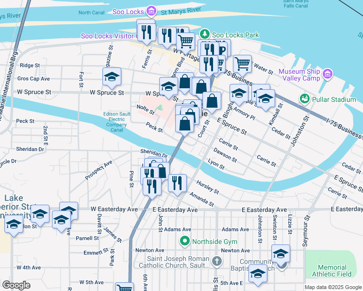 map of restaurants, bars, coffee shops, grocery stores, and more near 567 Ashmun Street in Sault Ste. Marie