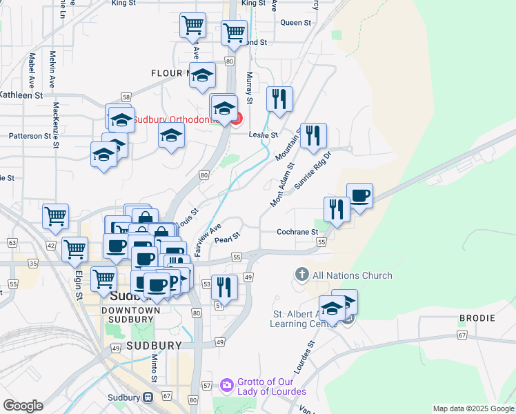 map of restaurants, bars, coffee shops, grocery stores, and more near 117 Mont Adam Street in Sudbury