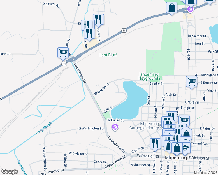 map of restaurants, bars, coffee shops, grocery stores, and more near 711 West Empire Street in Ishpeming