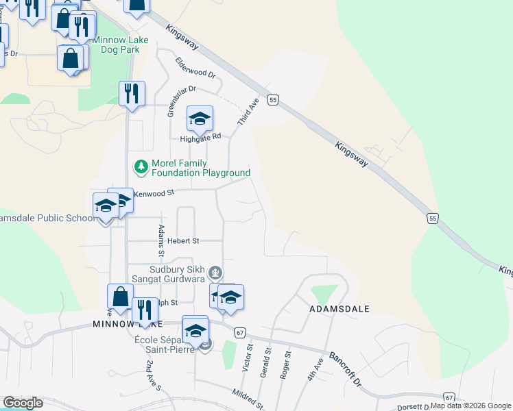map of restaurants, bars, coffee shops, grocery stores, and more near 11 Chloe Court in Greater Sudbury
