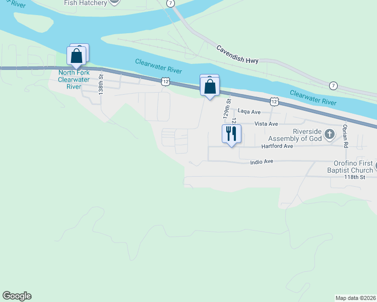 map of restaurants, bars, coffee shops, grocery stores, and more near 12994 Indio Avenue in Orofino