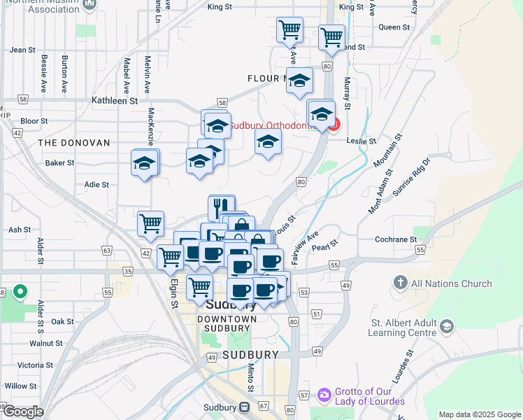 map of restaurants, bars, coffee shops, grocery stores, and more near 250 Ste Anne Road in Greater Sudbury