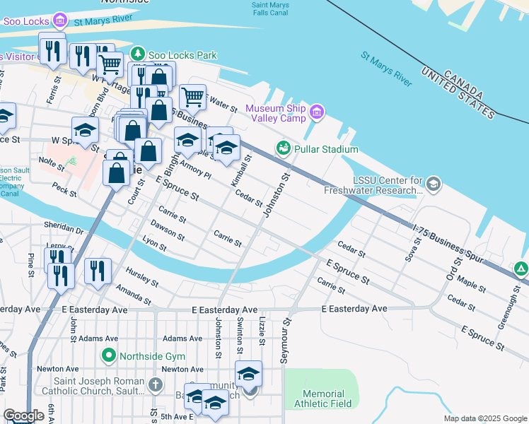 map of restaurants, bars, coffee shops, grocery stores, and more near 401-499 Johnston St in Sault Ste. Marie