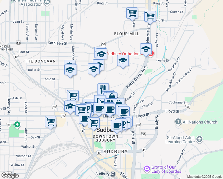 map of restaurants, bars, coffee shops, grocery stores, and more near 200 Ste Anne Road in Greater Sudbury