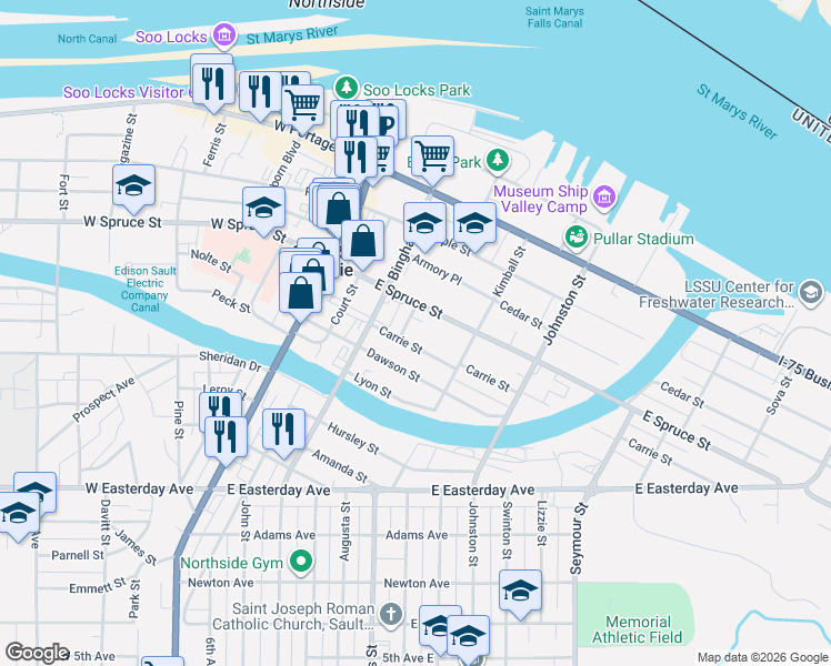 map of restaurants, bars, coffee shops, grocery stores, and more near 320 Carrie Street in Sault Ste. Marie