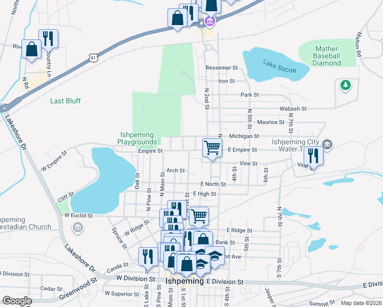 map of restaurants, bars, coffee shops, grocery stores, and more near 755 North 1st Street in Ishpeming