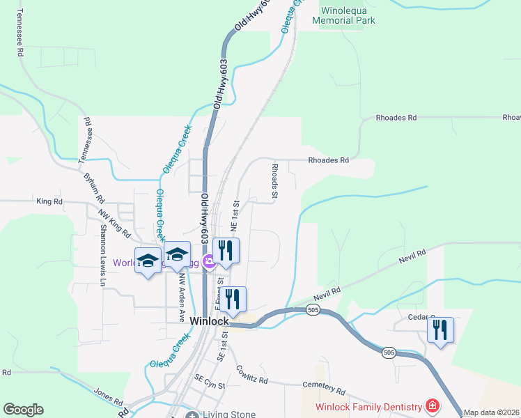 map of restaurants, bars, coffee shops, grocery stores, and more near 200 Jebez Street in Winlock