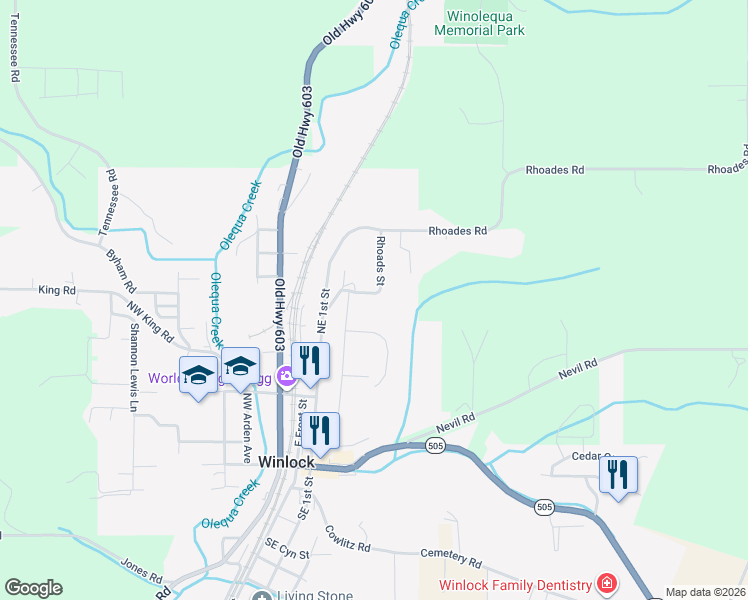 map of restaurants, bars, coffee shops, grocery stores, and more near 200 Jebez Street in Winlock