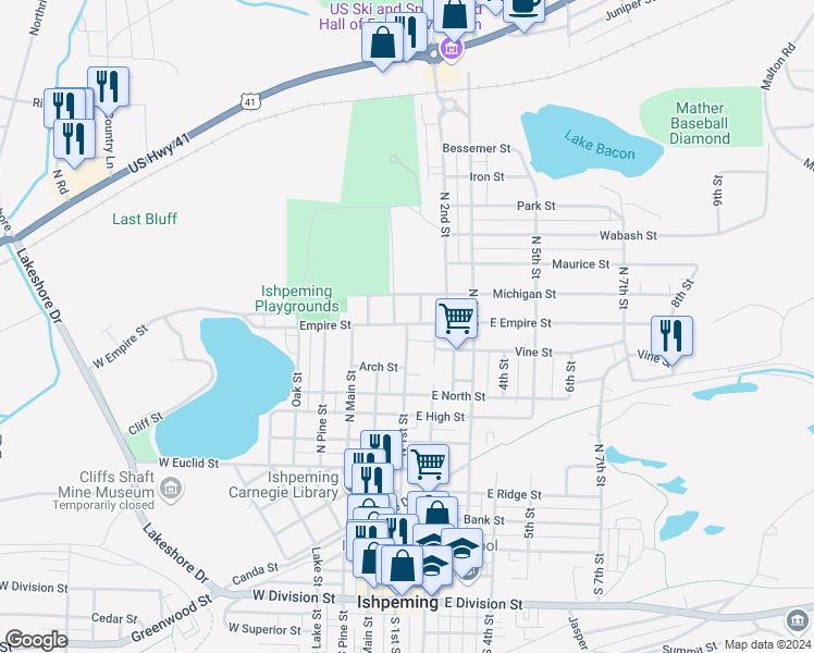 map of restaurants, bars, coffee shops, grocery stores, and more near 755 North 1st Street in Ishpeming
