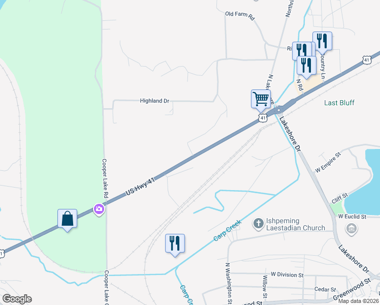 map of restaurants, bars, coffee shops, grocery stores, and more near in Ishpeming