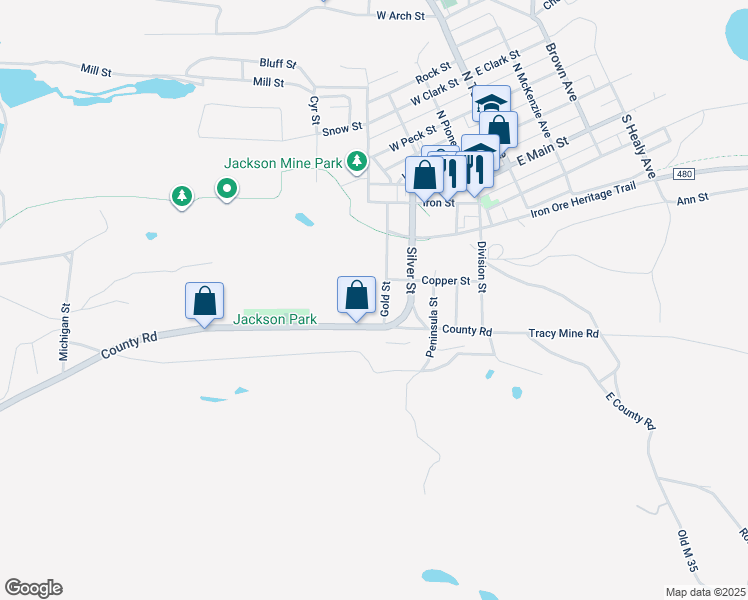 map of restaurants, bars, coffee shops, grocery stores, and more near 506 County Road in Negaunee