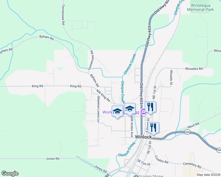 map of restaurants, bars, coffee shops, grocery stores, and more near 411 Columbia Road in Winlock