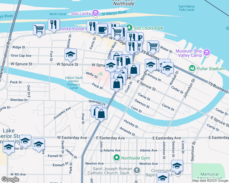 map of restaurants, bars, coffee shops, grocery stores, and more near 567 Ashmun Street in Sault Ste. Marie