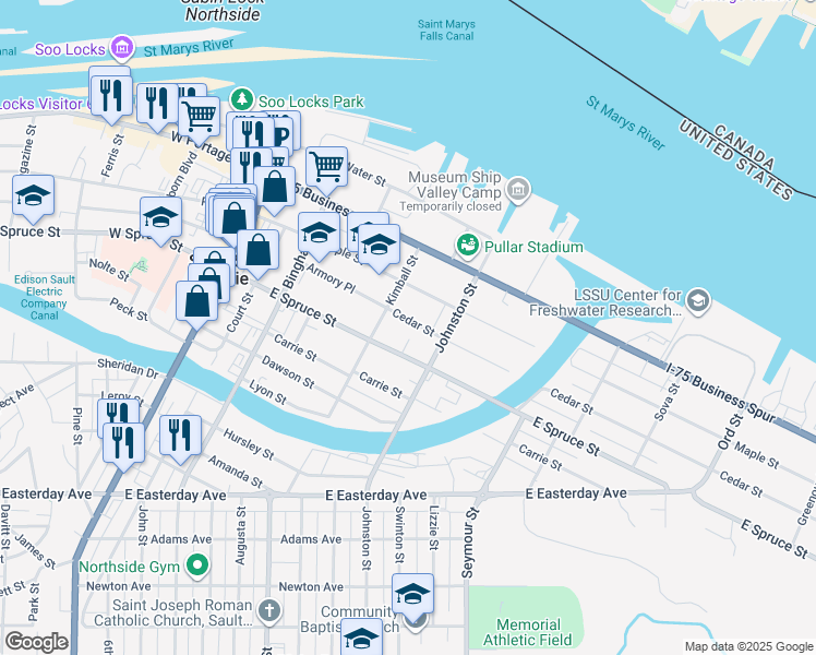 map of restaurants, bars, coffee shops, grocery stores, and more near 401-499 East Spruce Street in Sault Ste. Marie