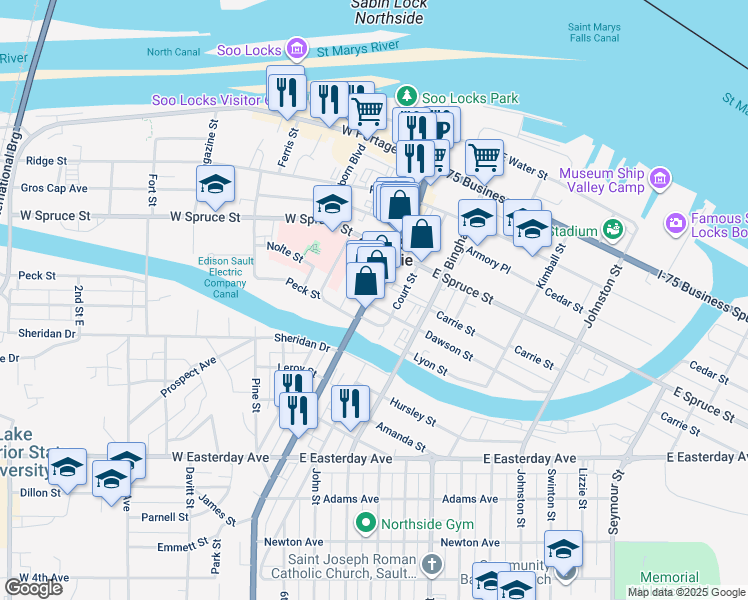 map of restaurants, bars, coffee shops, grocery stores, and more near in Sault Ste. Marie