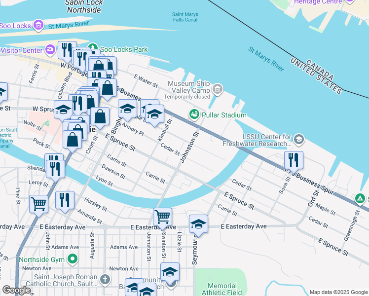map of restaurants, bars, coffee shops, grocery stores, and more near 306 Johnston Street in Sault Ste. Marie