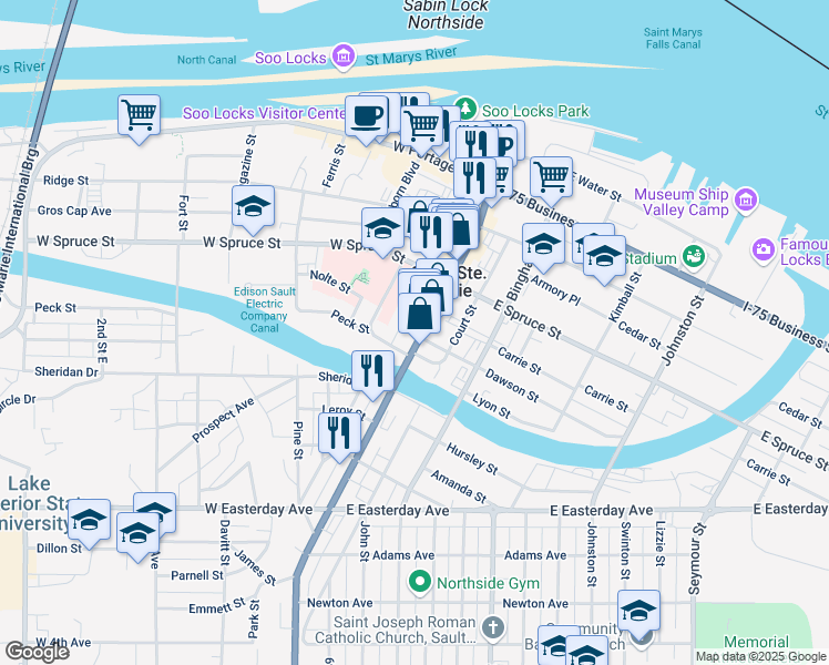 map of restaurants, bars, coffee shops, grocery stores, and more near 546 Ashmun Street in Sault Ste. Marie