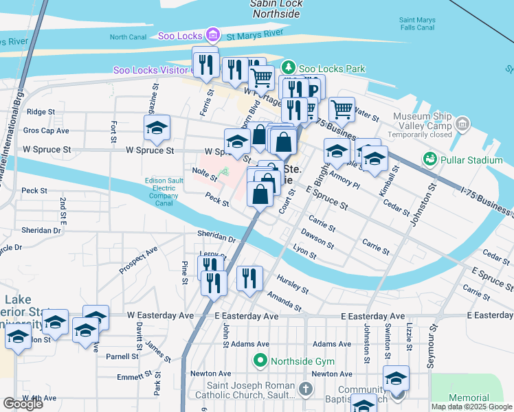 map of restaurants, bars, coffee shops, grocery stores, and more near 534 Oaka Street in Sault Ste. Marie