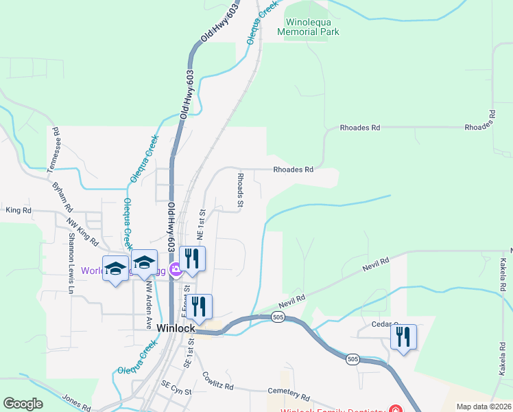 map of restaurants, bars, coffee shops, grocery stores, and more near 1001 Hilltop Road in Winlock