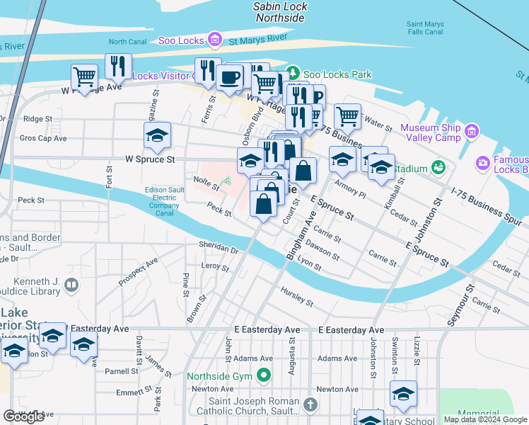 map of restaurants, bars, coffee shops, grocery stores, and more near in Sault Ste. Marie