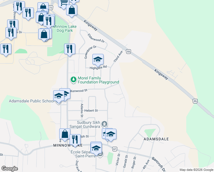 map of restaurants, bars, coffee shops, grocery stores, and more near 2156 Kenwood Street in Greater Sudbury