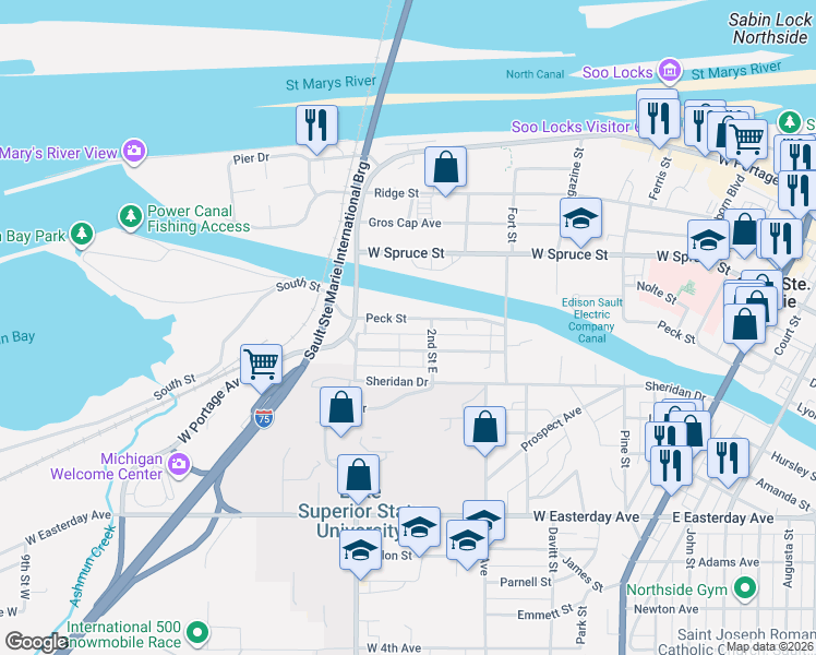 map of restaurants, bars, coffee shops, grocery stores, and more near 701-785 Peck Street in Sault Ste. Marie