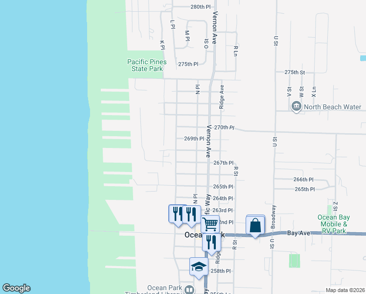 map of restaurants, bars, coffee shops, grocery stores, and more near 1300 269th Place in Ocean Park