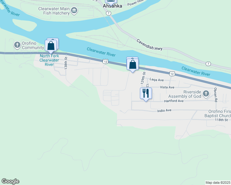 map of restaurants, bars, coffee shops, grocery stores, and more near 71 Brookwater Lane in Orofino