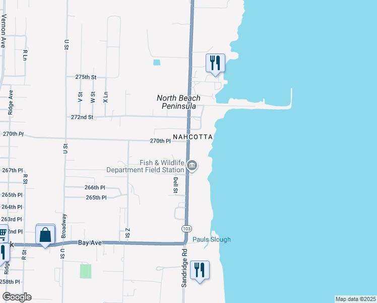 map of restaurants, bars, coffee shops, grocery stores, and more near 26905 Sandridge Road in Ocean Park