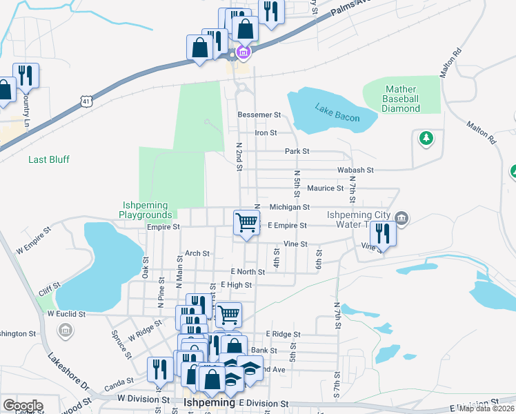 map of restaurants, bars, coffee shops, grocery stores, and more near 601 Michigan Street in Ishpeming