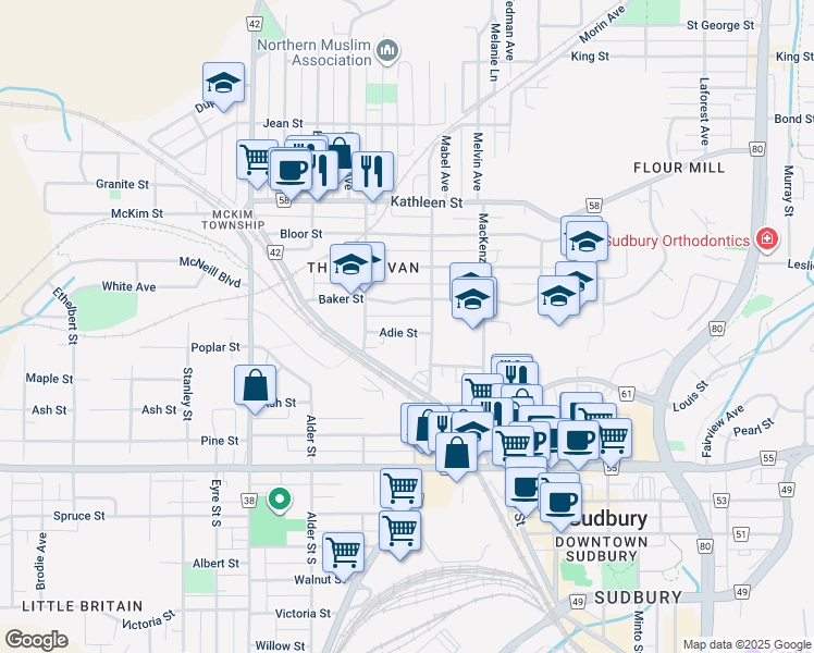 map of restaurants, bars, coffee shops, grocery stores, and more near 134 Adie Street in Sudbury