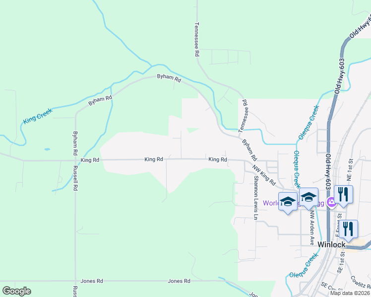 map of restaurants, bars, coffee shops, grocery stores, and more near 822 King Road in Winlock