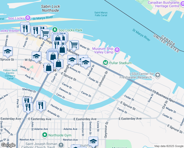 map of restaurants, bars, coffee shops, grocery stores, and more near 422 Maple Street in Sault Ste. Marie