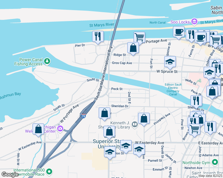 map of restaurants, bars, coffee shops, grocery stores, and more near 785 Peck Street in Sault Ste. Marie