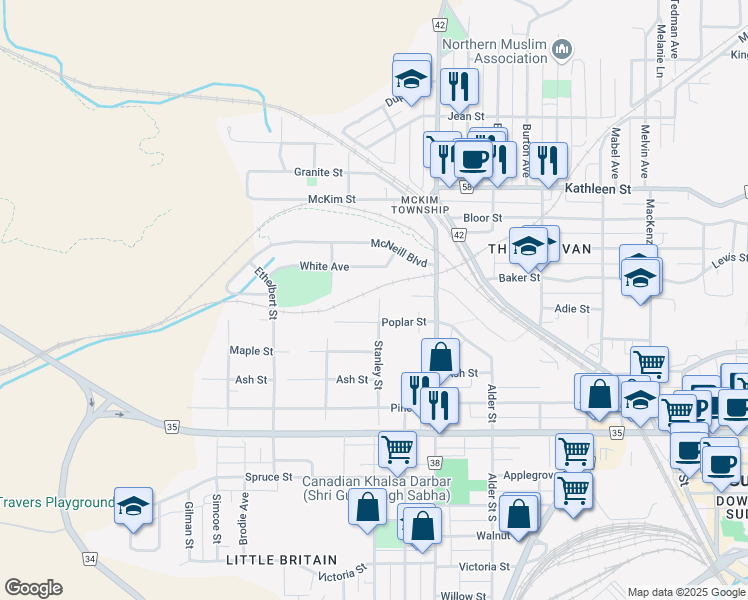 map of restaurants, bars, coffee shops, grocery stores, and more near 155 Stanley Street in Sudbury