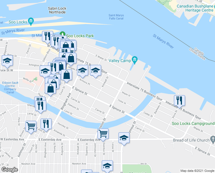 map of restaurants, bars, coffee shops, grocery stores, and more near 422 Maple Street in Sault Ste. Marie