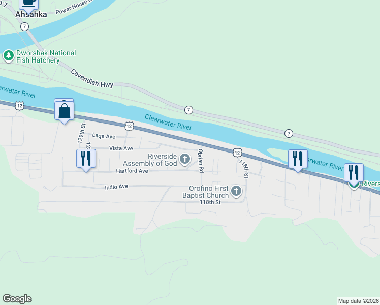 map of restaurants, bars, coffee shops, grocery stores, and more near 12240 Grand Avenue in Orofino