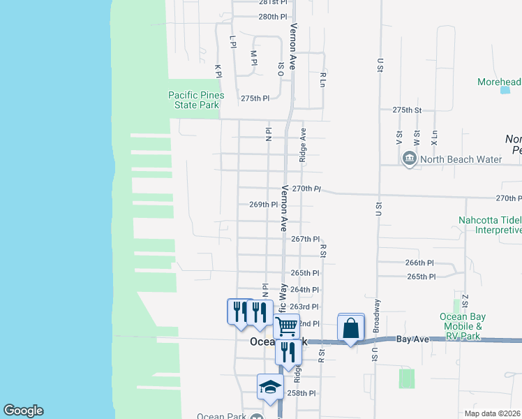 map of restaurants, bars, coffee shops, grocery stores, and more near 1300 269th Place in Ocean Park