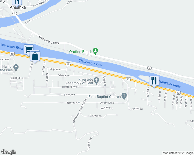 map of restaurants, bars, coffee shops, grocery stores, and more near 12240 Grand Avenue in Orofino