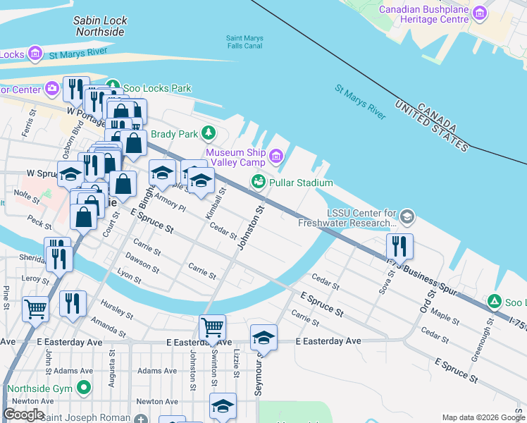 map of restaurants, bars, coffee shops, grocery stores, and more near 207 Johnston Street in Sault Ste. Marie