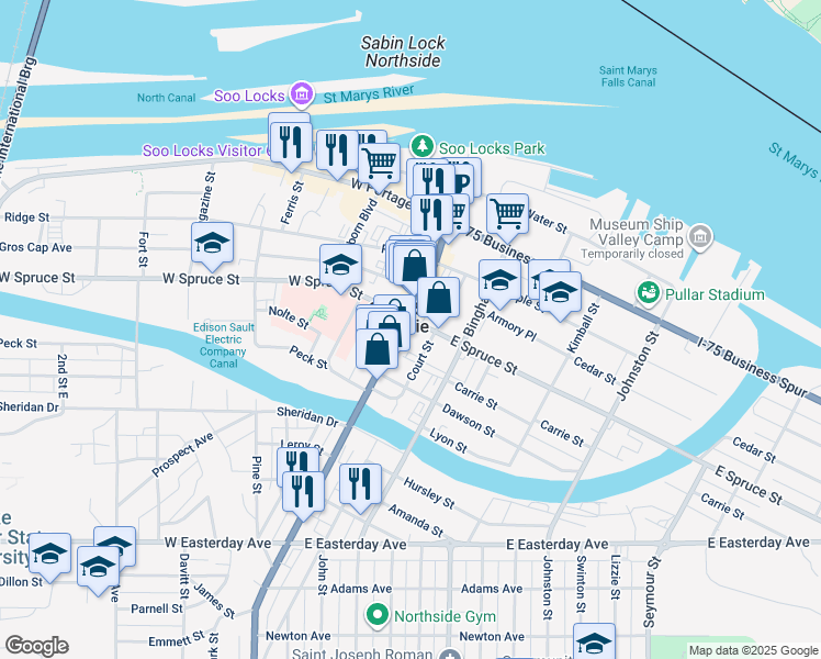 map of restaurants, bars, coffee shops, grocery stores, and more near in Sault Ste. Marie