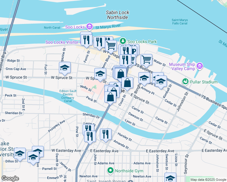 map of restaurants, bars, coffee shops, grocery stores, and more near 510 Ashmun Street in Sault Ste. Marie