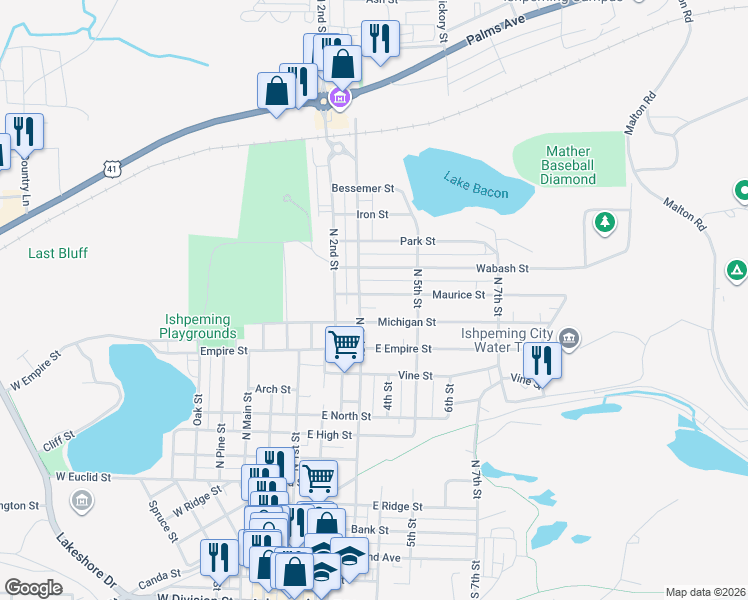 map of restaurants, bars, coffee shops, grocery stores, and more near 601-699 Michigan Street in Ishpeming