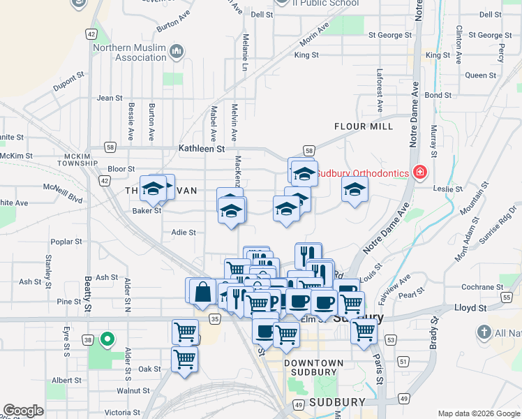 map of restaurants, bars, coffee shops, grocery stores, and more near 6 Baker Street in Greater Sudbury