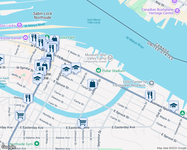 map of restaurants, bars, coffee shops, grocery stores, and more near 118-126 Glenn Ave in Sault Ste. Marie