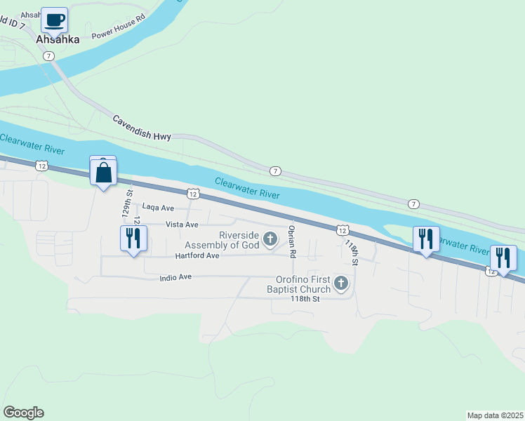 map of restaurants, bars, coffee shops, grocery stores, and more near 12182 U.S. 12 in Orofino