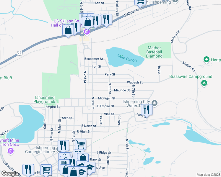 map of restaurants, bars, coffee shops, grocery stores, and more near 700-798 Wabash Street in Ishpeming