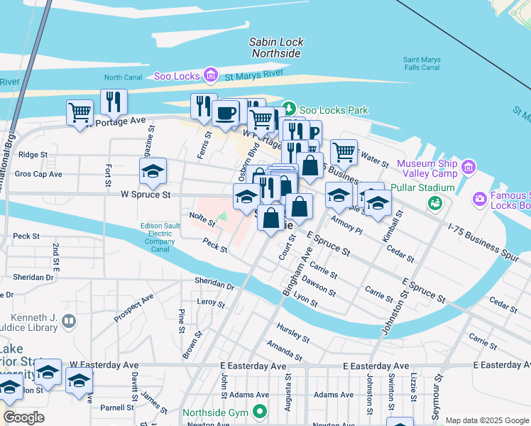 map of restaurants, bars, coffee shops, grocery stores, and more near 534 Oaka Street in Sault Ste. Marie