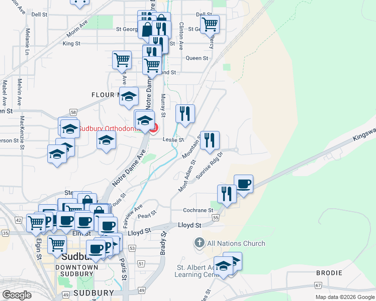 map of restaurants, bars, coffee shops, grocery stores, and more near 203 Mountain Street in Sudbury