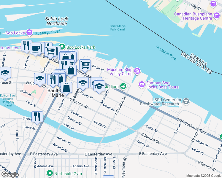 map of restaurants, bars, coffee shops, grocery stores, and more near 337 East Portage Avenue in Sault Ste. Marie